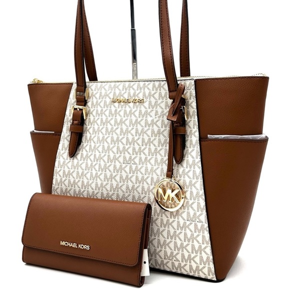 Michael Kors Handbags - Michael Kors Large Charlotte Tote Bag & Trifold Wallet Vanilla/Brown (NWT)